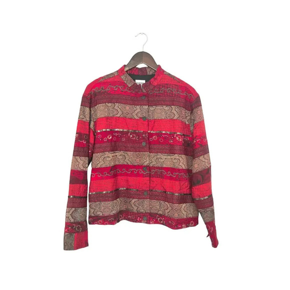 Chico's Red Tapestry Button Up Artsy Rare Embroidered Beaded Jacket Size 2 (L) - Picture 2 of 10